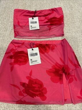 Missguided Pink Floral Mesh Strapless Top & Mini Skirt Set